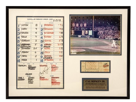 Cal Ripken, Jr. Framed Record Breaking Ticket with a Signed Lineup Card 